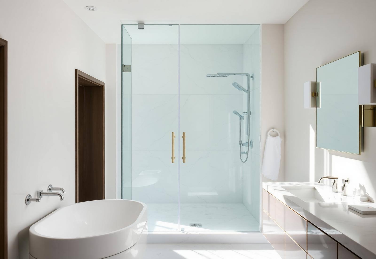 Frameless glass shower enclosure installed in a bright modern bathroom